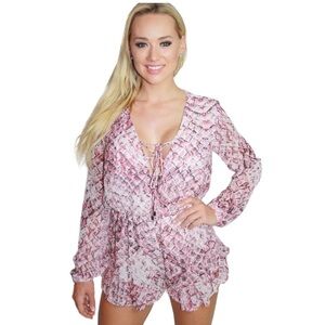 Olivaceous Snakeskin Lace Up Front Ruffle Romper